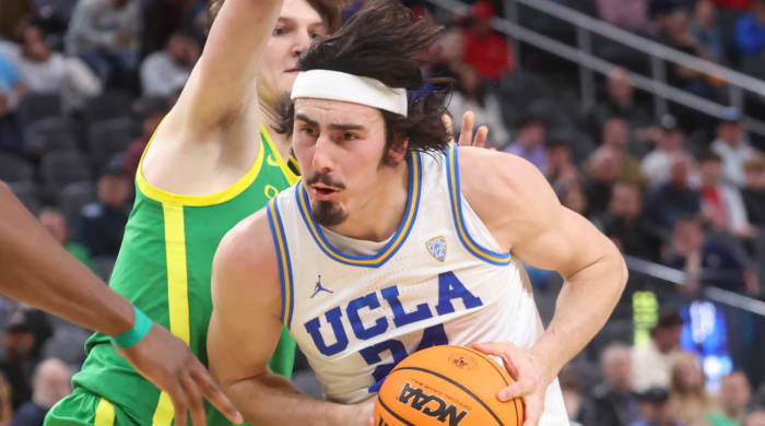 UCLA forward Jaime Jaquez drives to the basket during the 2023 Pac-12 tournament
